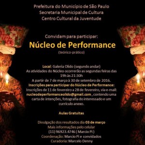Cartaz de chamada para o curso no Nucelo de Performance do CCJ Galeria Olido 2016